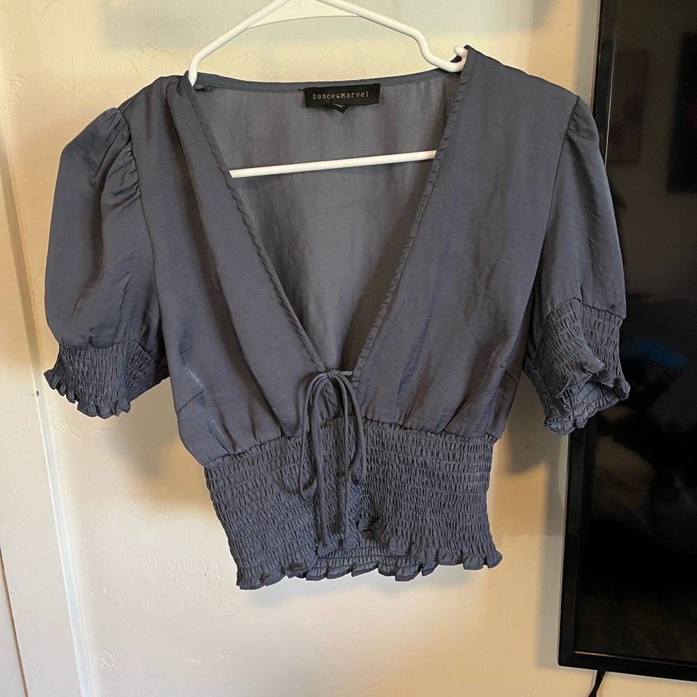 Dance & Marvel Slate Blue Smocked Tie-Front Crop Top